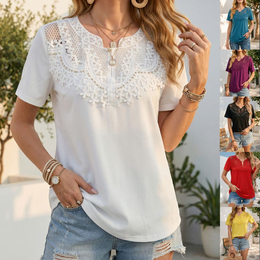 Hollow-out Pearl-trimmed Loose Short-sleeve T-shirt For Women