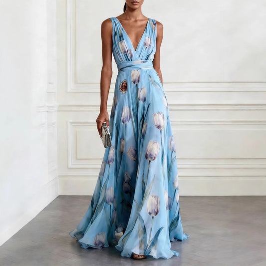 Elegant Tulip Print Evening Dress for Women Sleeveless V-Neck Chiffon Long Dress