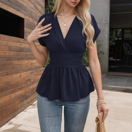 Solid Color V-Neck Fitted Waist Raglan Sleeve Pleated Hem T-Shirt Dress for Women