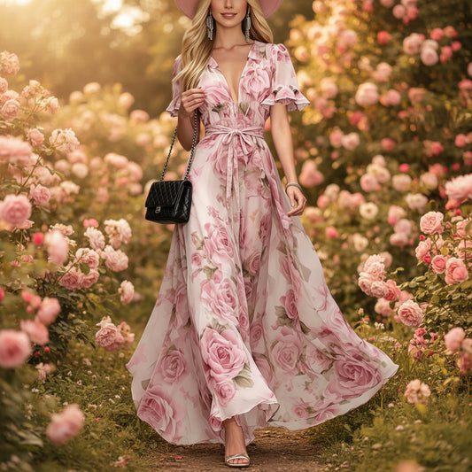 Deep V-neck ruffle sleeve printed dress