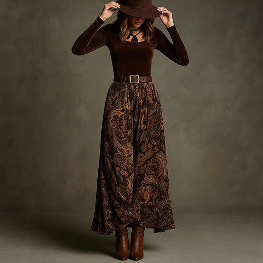 Slim fit printed long skirt set with belt