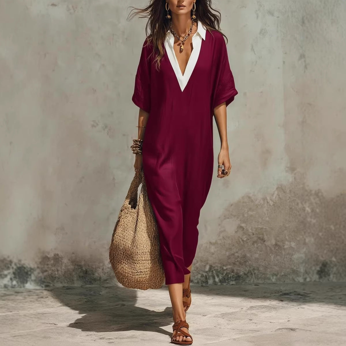 Cross-Border Casual Lazy-Style V-Neck Loose Cropped-Sleeve Dress Linen Texture Relaxed Vacation-Ready