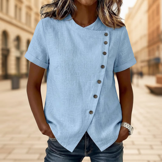 New Solid-Color Cross-Neckline Short-Sleeve Loose Cotton-Linen Asymmetrical Top