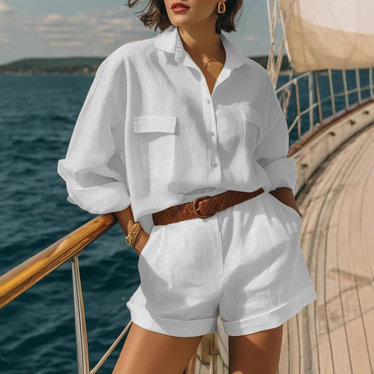 Cotton-linen Loose-fit Button-down Shirt And Shorts Fashion Casual Set