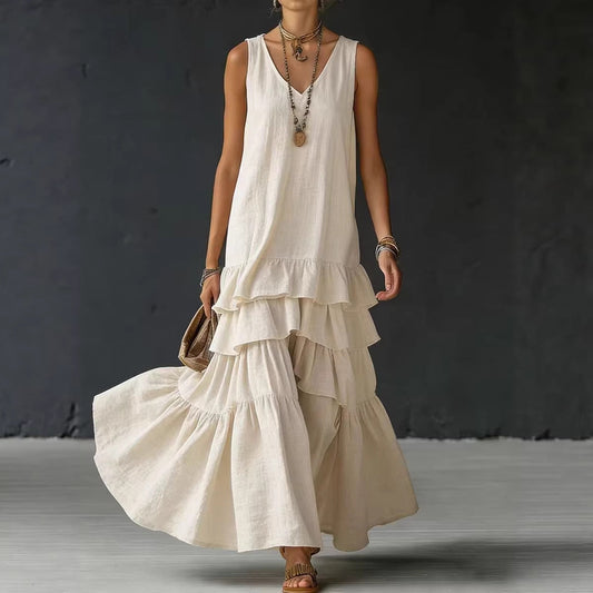 Solid-color Womens Loose-fitting Full-skirted Sleeveless Dress