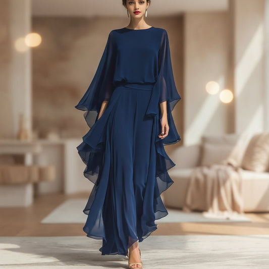Deep Blue Ruffle Wide-Leg Pants Set for Women, Fashion Elegant Two-Piece Long Sleeve Casual Pants