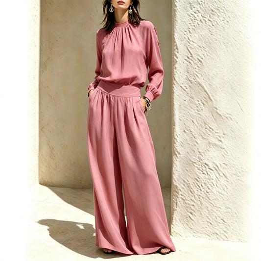 Casual Solid Color Long Sleeve Stand-up Collar Loose Fit Women's Fashion Set BlouseWide-leg Pants