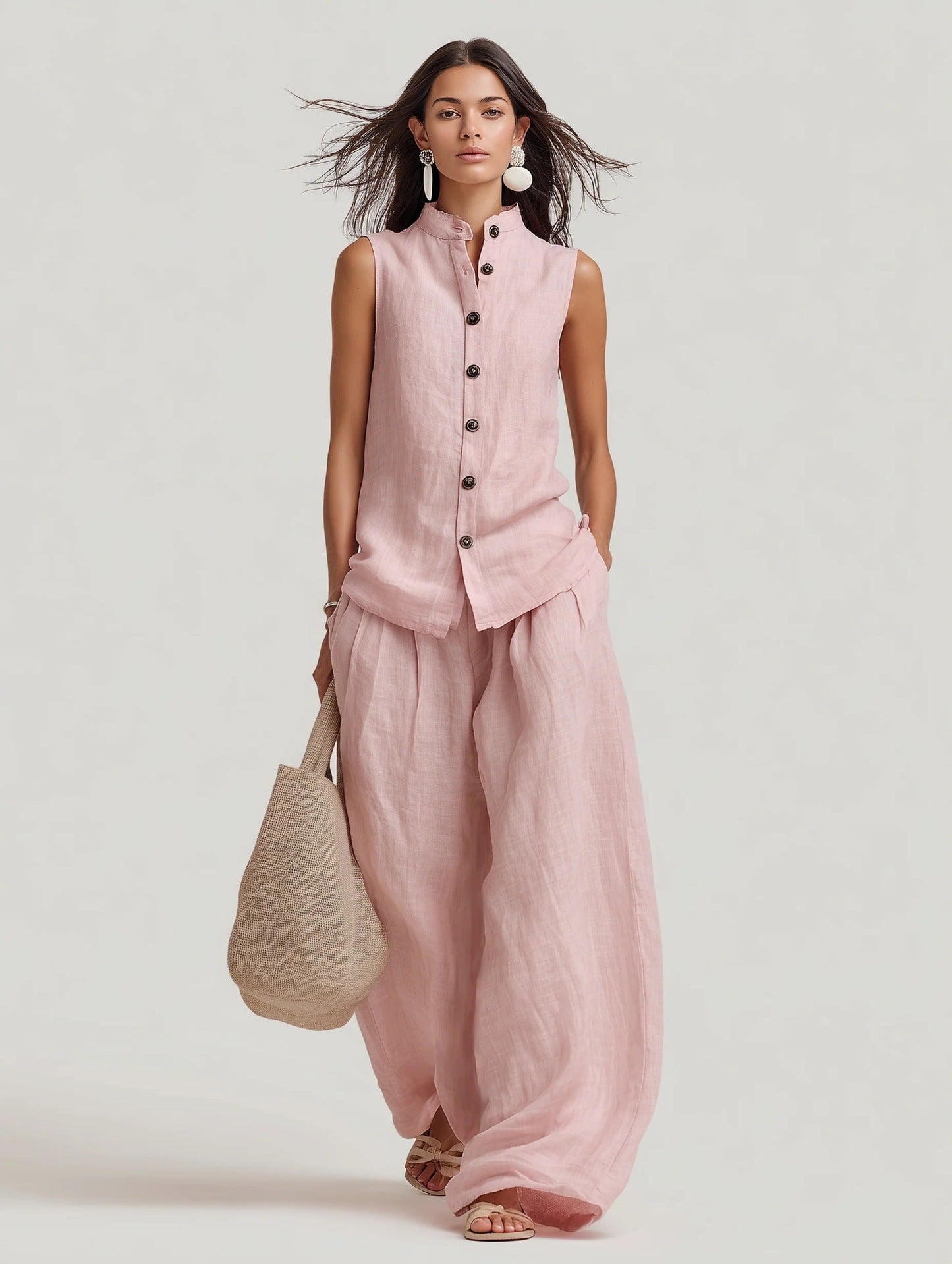 Stand-up Collar Sleeveless Shirt And High-waisted Wide-leg Pants Set