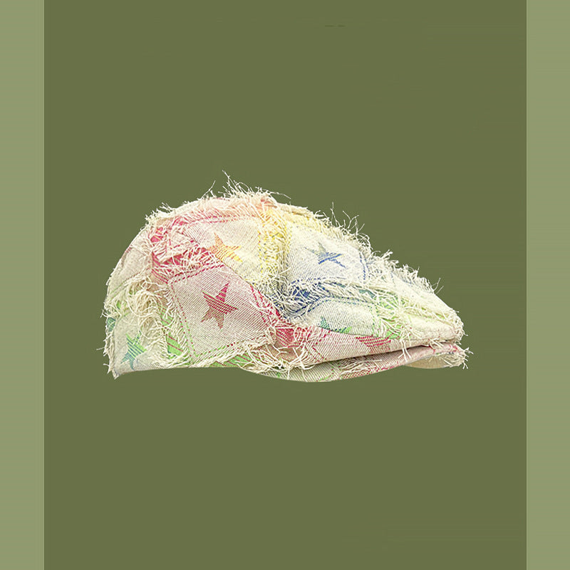 Colorful Plaid Five-pointed Star Advance Hats Women's Korean-style Anti-wear Distressed Edging Beret CJ