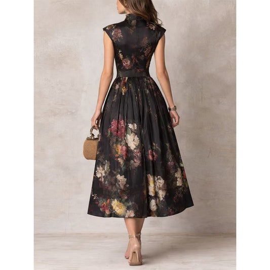 Sleeveless black three-dimensional floral print long skirt slim fit dress
