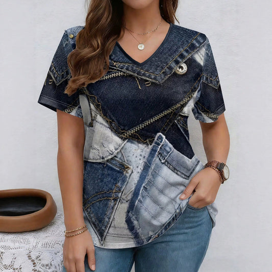 Womens Summer New V-Neck Denim Printed Short-Sleeve T-Shirt