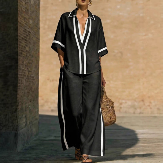 Fashionable Loose Casual Color-Block Short-Sleeve Shirt And Wide-Leg Pants Two-Piece Set