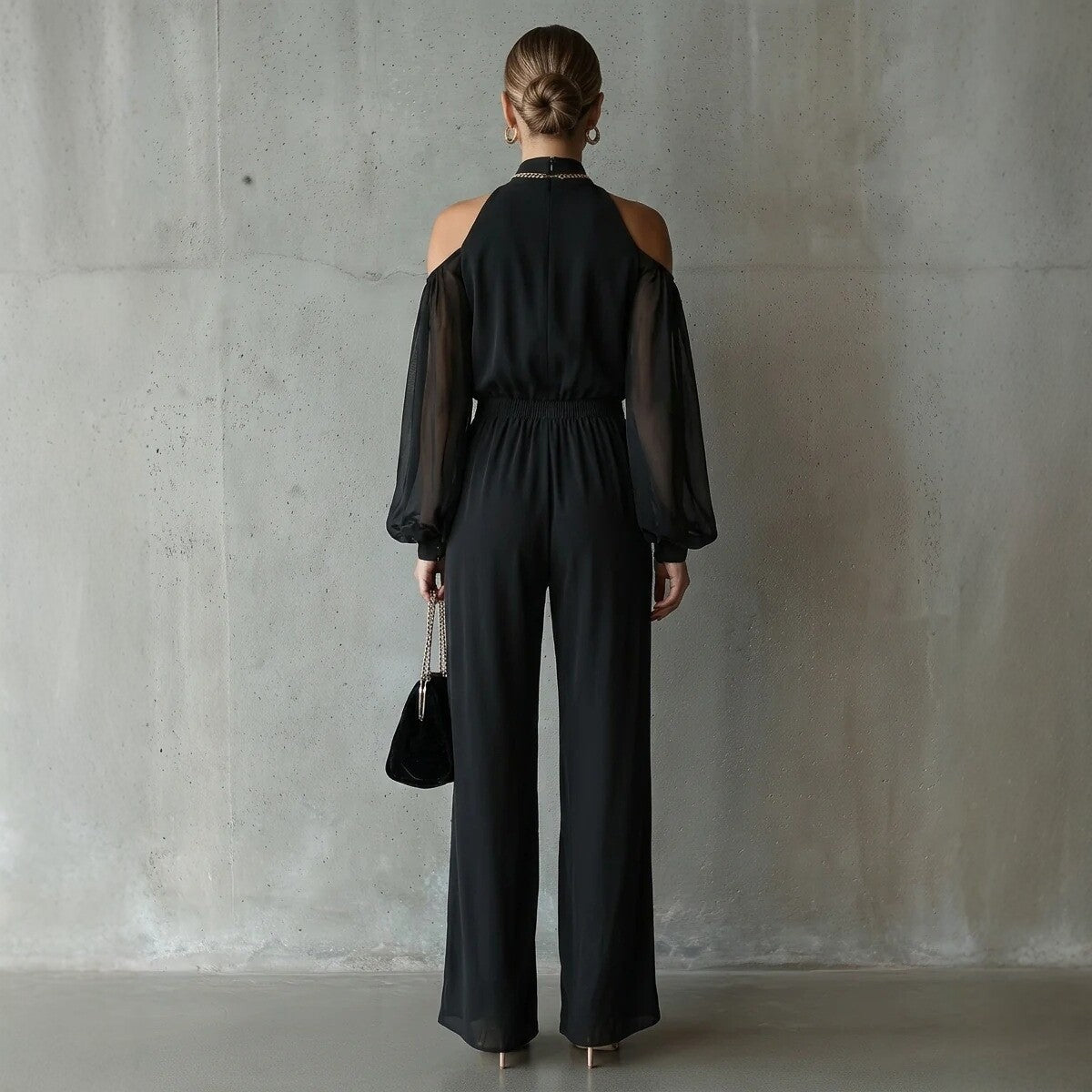 Black Embroidered Womens Long-Sleeve Wide-Leg Jumpsuit
