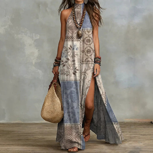 Split Sleeveless Multicolored Printed Maxi Dress
