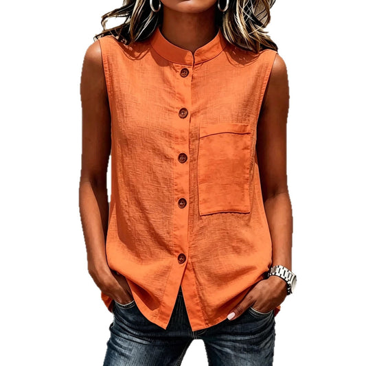 Fashionable Casual Solid-color Top With Buttoned Pockets