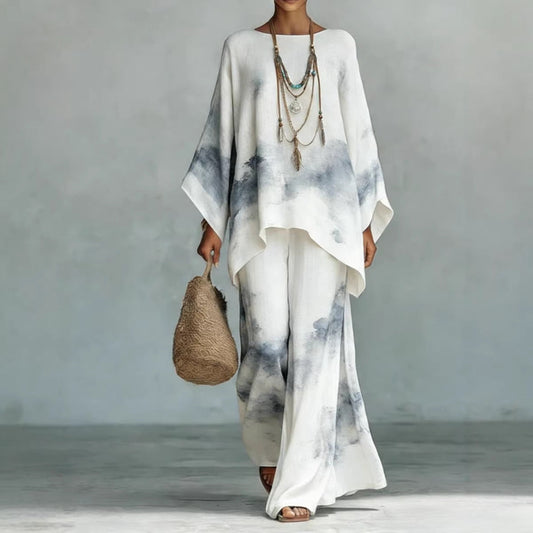Women's Floral Print Linen Wide-Leg Two-Piece Set