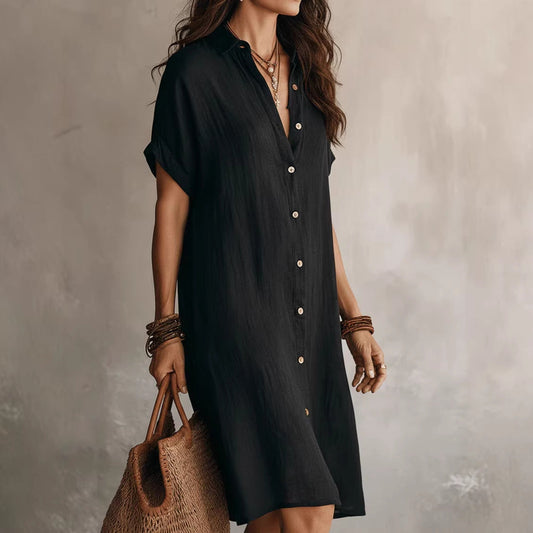 Women's Short-sleeve Buttoned Midi Shirt Dress