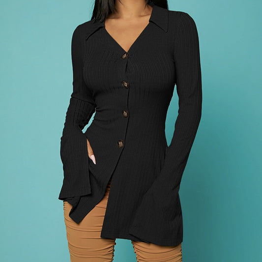 V-Neck Ribbed Knit Button Top CJ US
