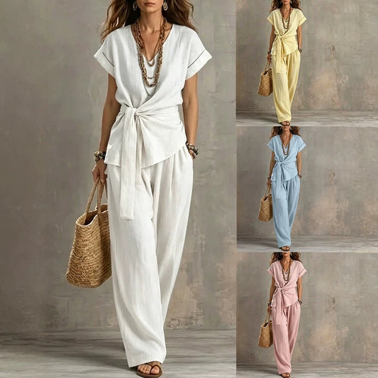 Women's V-neck Pullover Short-Sleeve Pants Set