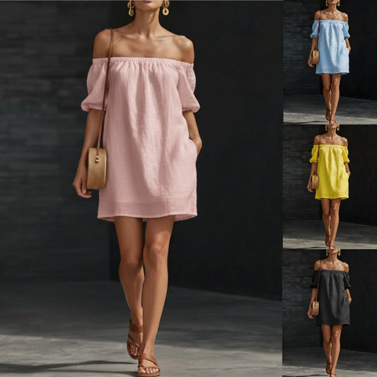 Cotton-linen Womens Off-shoulder Fashionable Loose-fitting Dress