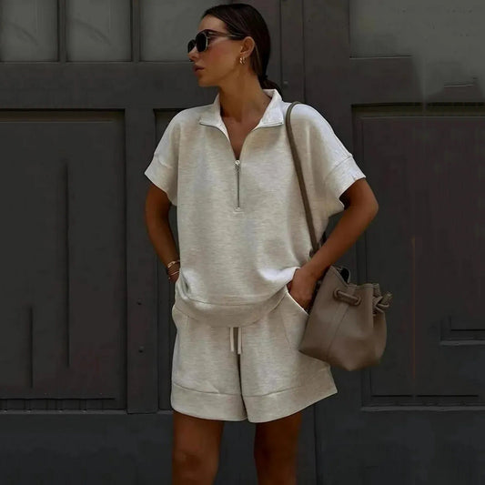 Solid-color Fashion Casual Short Two-piece Sweatshirt Set