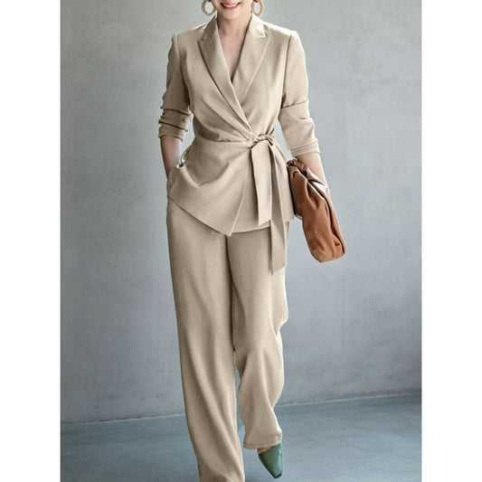 Women's casual solid color suit lace up top and pants two-piece set