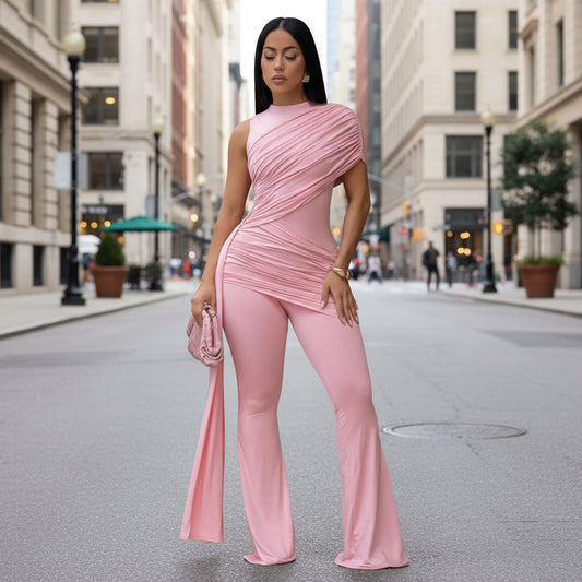 Sexy Crew-Neck Pleated Ribbon Jumpsuit