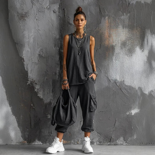 Womens Sleeveless Top Ankle-Fit Pants Set