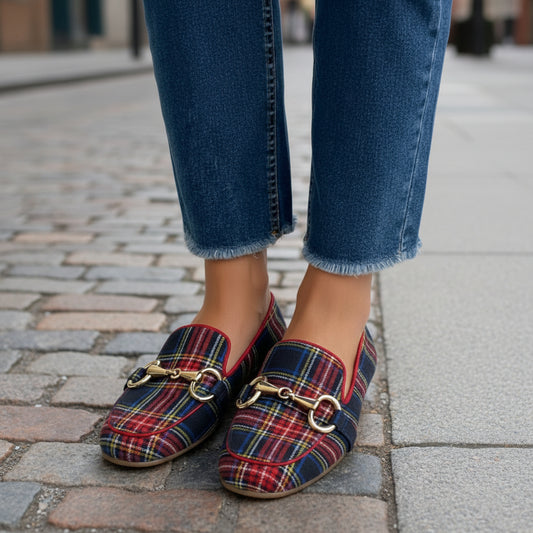 Plaid Casual Flat-Heel Plus-Size Square-Toe Womens Shoes