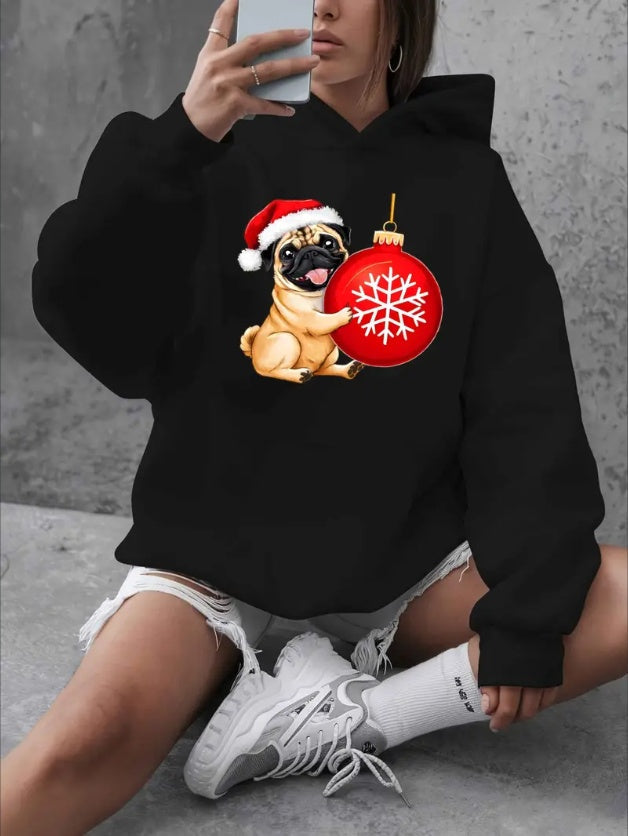 Women’s Oversized Christmas Pug Hoodie – Plus Size Holiday Sweatshirt CJ US