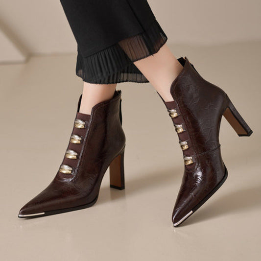 Womens Pointed-toe Chunky-heel Ultra-high Short Boots
