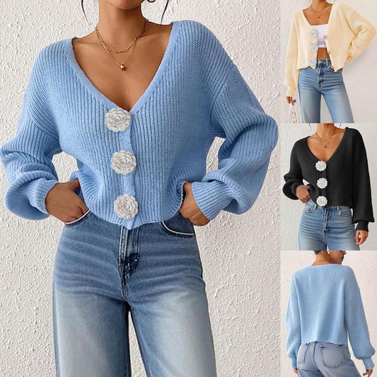 Women's Knitted Crochet Decorative Buttons Cardigan Short Coat CJ