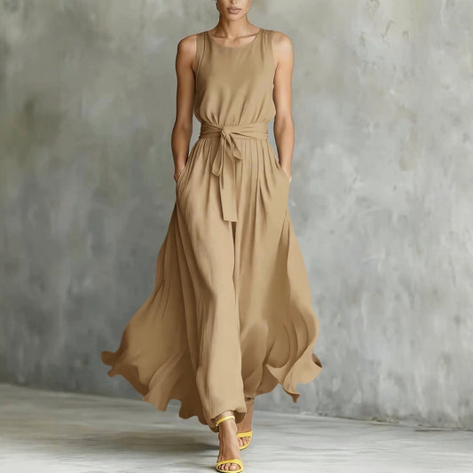 Womens Waist-Cinching Lace-Up Sleeveless Dress