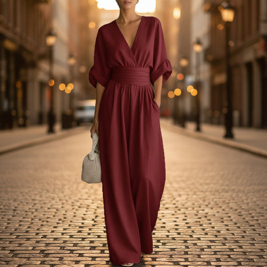 Summer Short-sleeved Jumpsuit Fashion Casual V-Neck Wide-Leg Pants Womens Clothing
