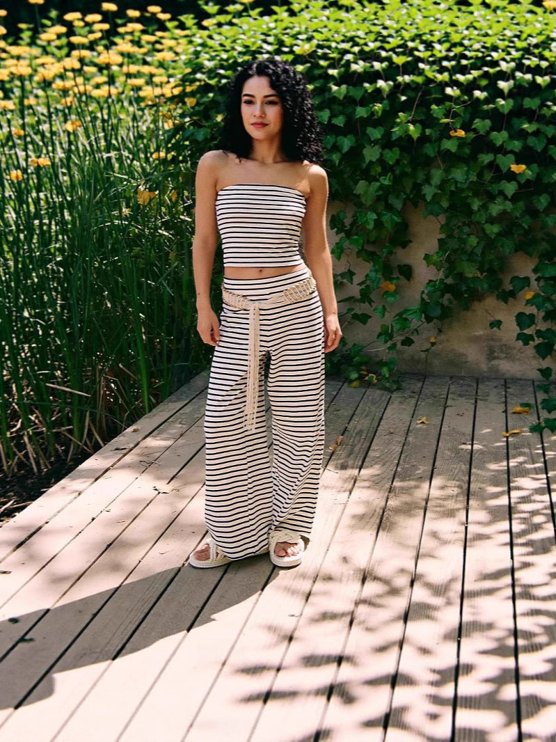 Printed Striped Tube Top And Pants Set