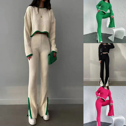 Women's Casual Color-Block Two Piece Set, Long Sleeve Crop Top With Slim Slit Pants, Spring&Autumn Comfort Outfit
