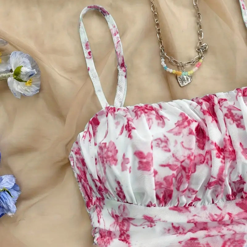 Boho Floral Spaghetti Strap Mini Dress – Ruched Ruffle Hem Vacation Sundress CJ