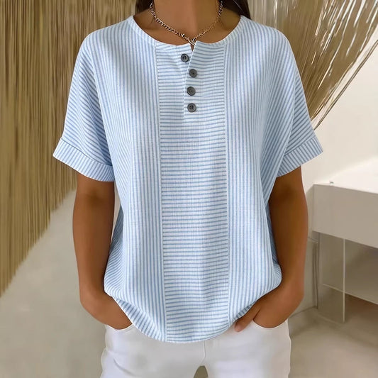 Casual Solid Color V-Neck Buttoned Striped Cotton-Linen T-Shirt