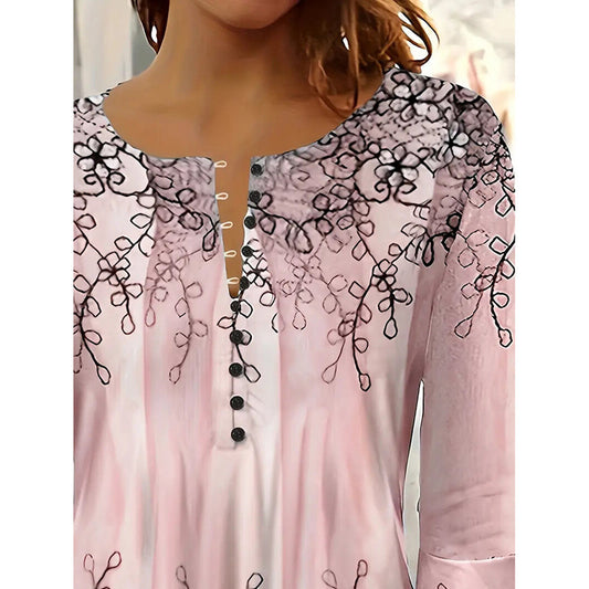 Women’s V-Neck 3/4 Sleeve Button-Front Tunic Blouse CJ