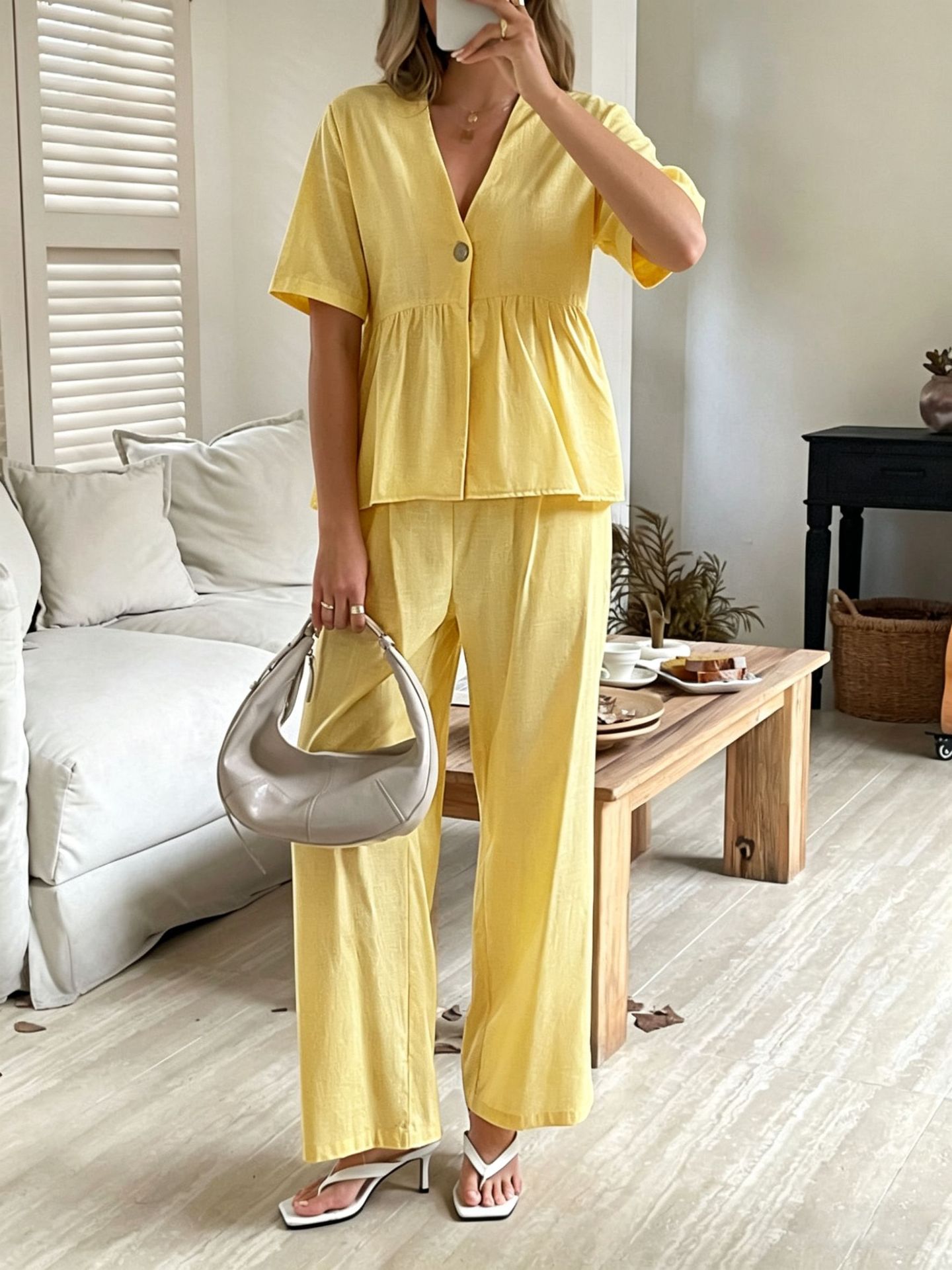 V-neck Loose-fit Short-sleeve Top And Wide-leg Pants Two-piece Set