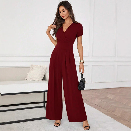 Women's Solid-Color Short-Sleeve Pleated Wide-Leg Jumpsuit