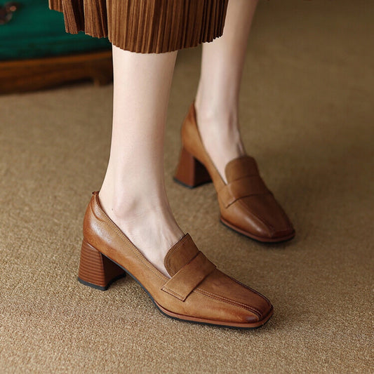 Square-toe Chunky-heel Mid-heel Low-cut Shoes