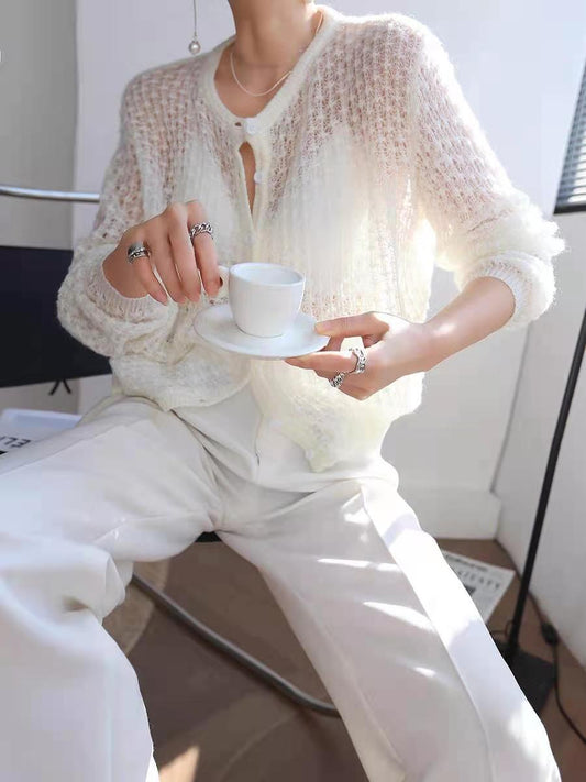 Mohair Crochet Hollow Knit Cardigan Sweater CJ