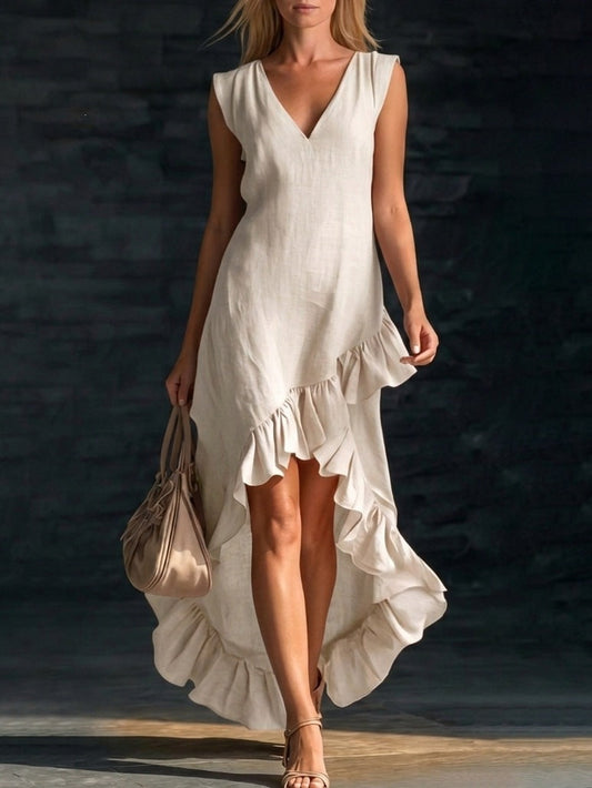 Women's Fashion Romantic Sleeveless V-Neck Ruffle Hem Cotton Linen Maxi Dress