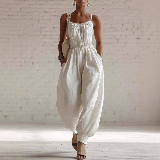 Womens Sleeveless Cotton-Linen Blend Jumpsuit