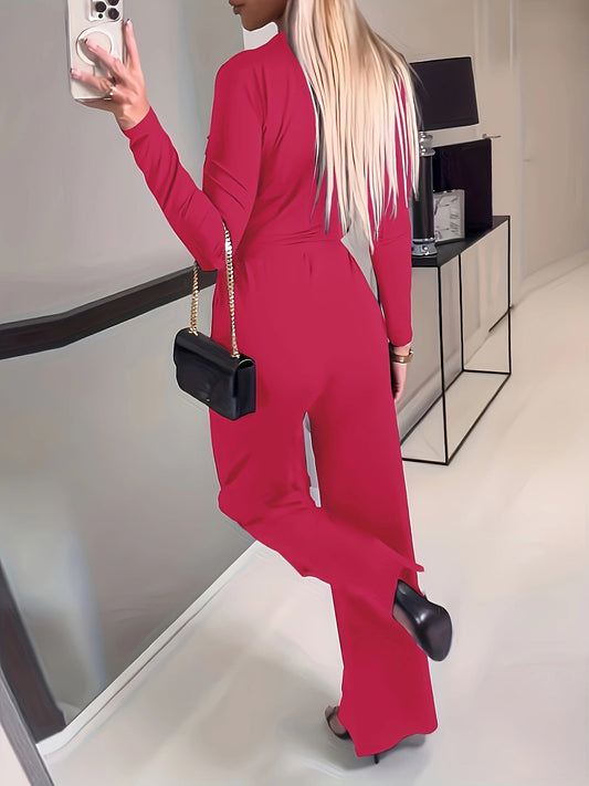Women's Solid V-neck Bow Tie Waist Slimming Fashion Jumpsuit CJ US