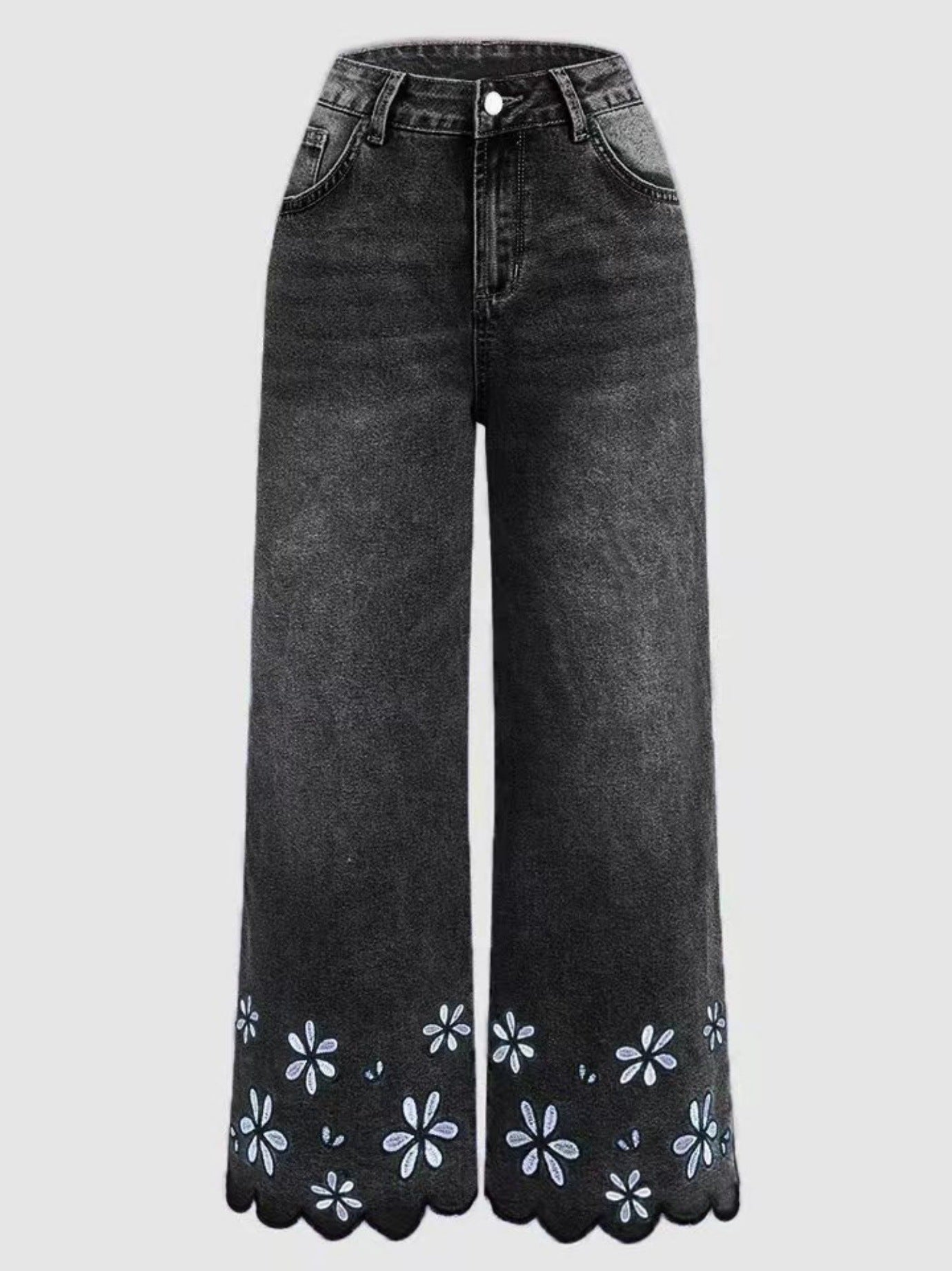 Chrysanthemum Embroidered Casual Stretch Womens Cropped Denim Jeans
