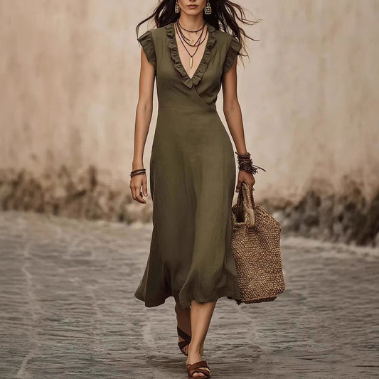 V-neck Cotton-Linen Flutter Sleeve Ruffle-trimmed Midi Dress For Women