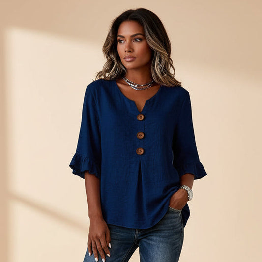 Fashionable Cotton Linen V-Neck Button-Up Blouse for Women Summer Casual Top