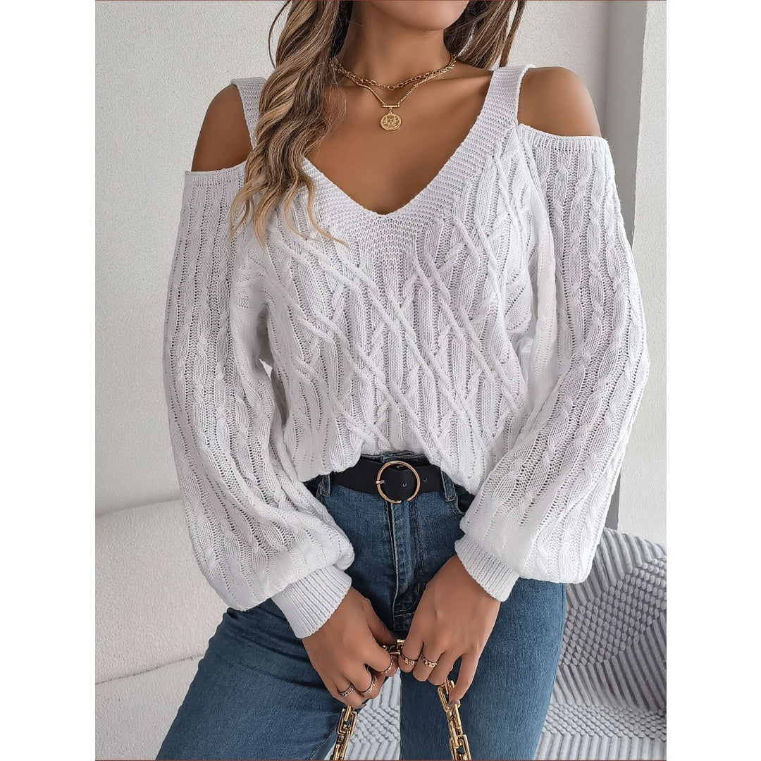 Real Shot Autumn-Winter 2025 Casual Solid Color Fried Dough Twists Off Shoulder Lantern Sleeve Sweater CJ US